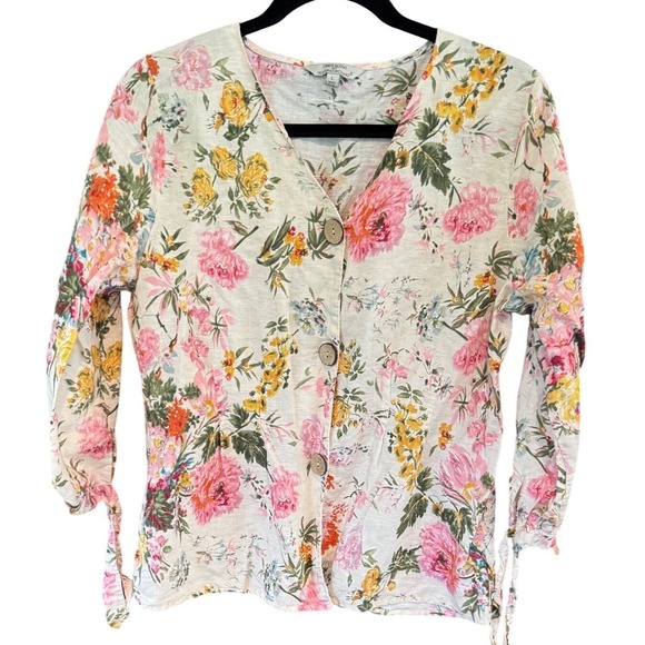 Hester & Orchard Tops - Hester & Orchard‎ Linen Blend Floral Button Front Tie Sleeve Top L Pink Yellow